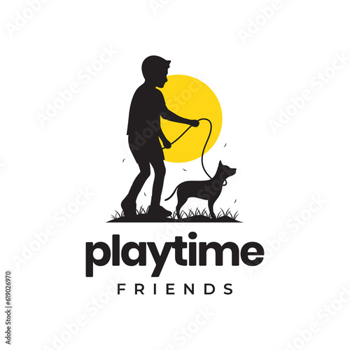 young boy son playing dog friend sunset park happiness mascot logo vector icon illustration