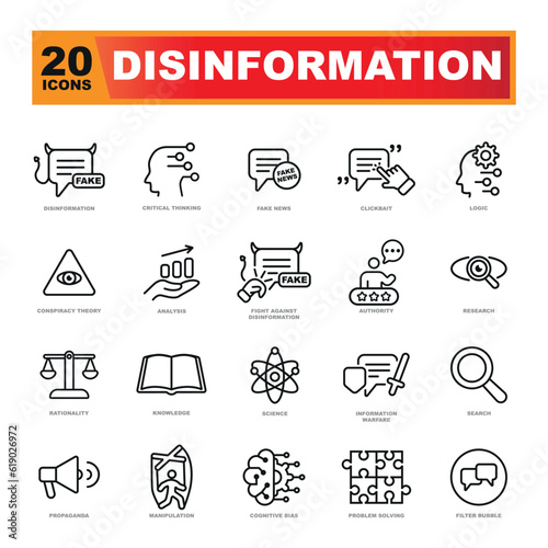 Set of disinformation vector icons. Icons perfect for a website. Fight with fake news. Think critical! photo