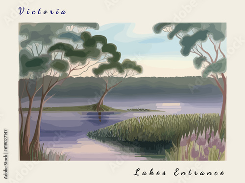 Lakes Entrance: Postcard design with a scene in Australia and the city name Lakes Entrance