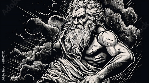 Engraved portrait of Zeus king of the gods on Mount Olympus in Greek mythology and is the god of sky and thunder who's Roman equivalent is Jupiter, computer Generative AI stock illustration image photo