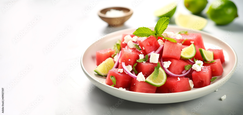 Watermelon Salad with Feta, avocado, mint, lime on white marble background. Delicious, refreshing watermelon salad recipe is meant for hot summer days. Close-up. Generative Ai content