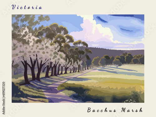 Bacchus Marsh: Postcard design with a scene in Australia and the city name Bacchus Marsh