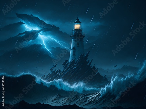 A lighthouse standing tall amidst the storm, landscape made with Generative AI.