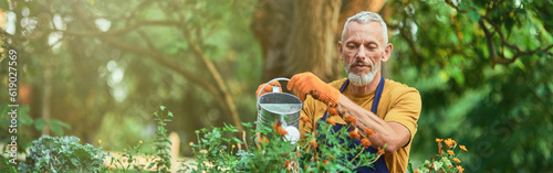 Fotografie Cheerful middle aged caucasian man watering plants