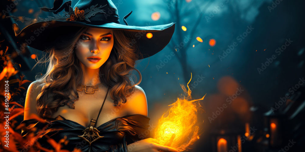 Mystical Enchantment: Beautiful Witch Girl with Book of Spells in Dark Forest Mystical Enchantment: Beautiful Witch Girl with Book of Spells in Dark Forest