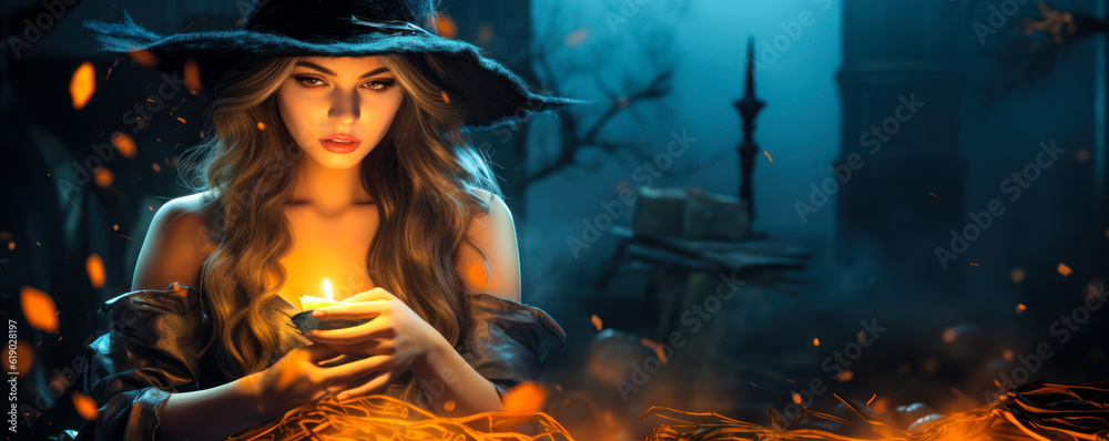 Dark Magic Forest: Halloween Witch Girl Conjuring Spells with Book of Magic