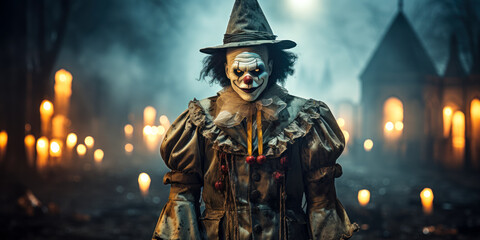 Twisted Circus: Sinister Male Ghost Clown in Halloween Fall Setting