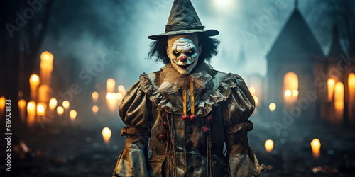 Fotografie, Obraz Twisted Circus: Sinister Male Ghost Clown in Halloween Fall Setting