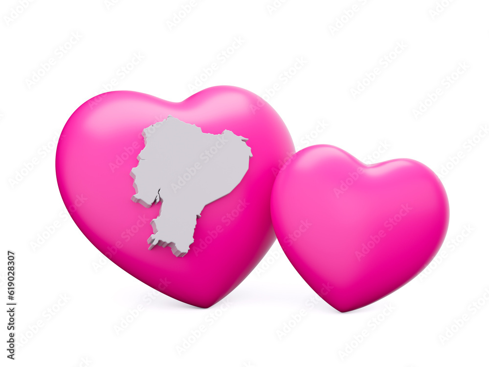 3d Shiny Pink Hearts With 3d White Map Of Ecuador Isolated On White Background, 3d illustration 3d Shiny Pink Hearts With 3d White Map Of Ecuador Isolated On White Background, 3d illustration