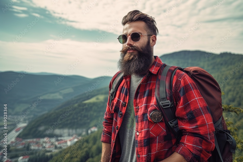 handsome mountaineer with beard backpack trekking outdoors laughing to the camera