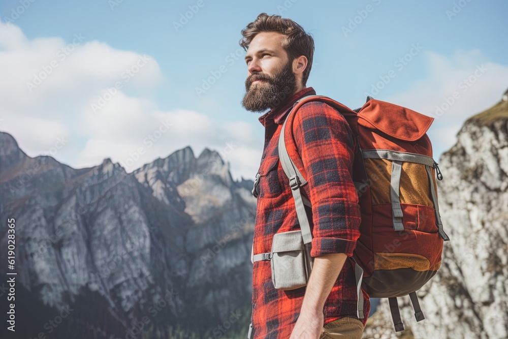  handsome mountaineer with beard backpack trekking outdoors laughing to the camera