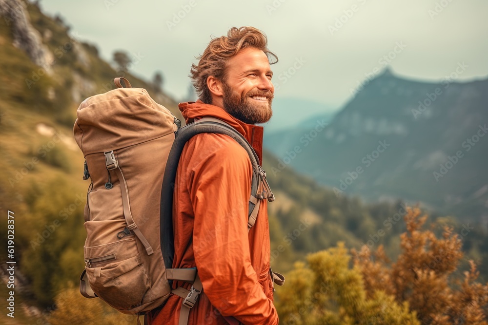 handsome smiling young man with beard backpack trekking outdoors handsome smiling young man with beard backpack trekking outdoors