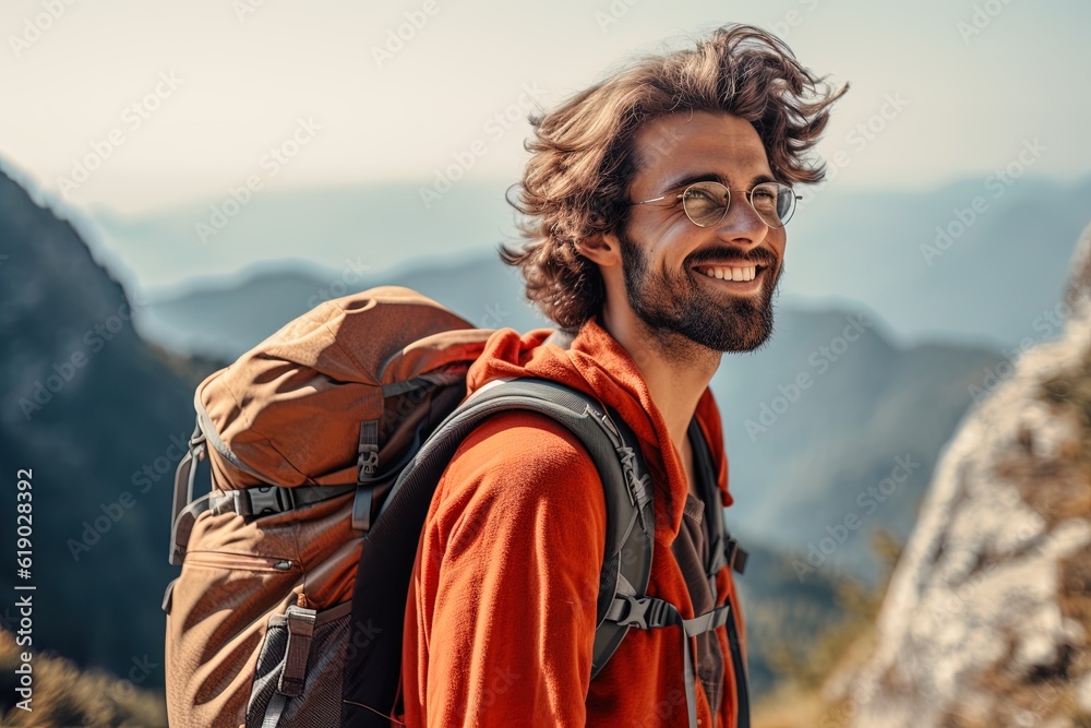 handsome young man with beard backpack trekking outdoors