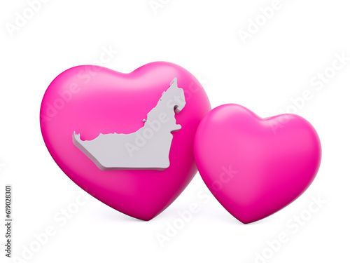 3d Shiny Pink Hearts With 3d White Map Of Dubai On White Background 3d illustration