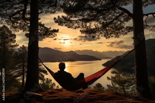 Back view of man silhouette relaxing on orange hammock