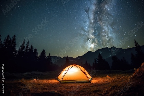 Night landscape with illuminated tent in the forrest and Milky Way on the clear sky