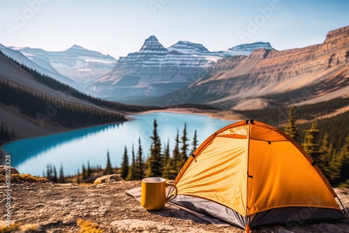Outdoors camping near river in yellow tent