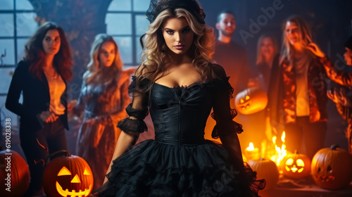 Seductive Spellcaster: Gorgeous Witch with a Burning Pumpkin at the Halloween Costume Party