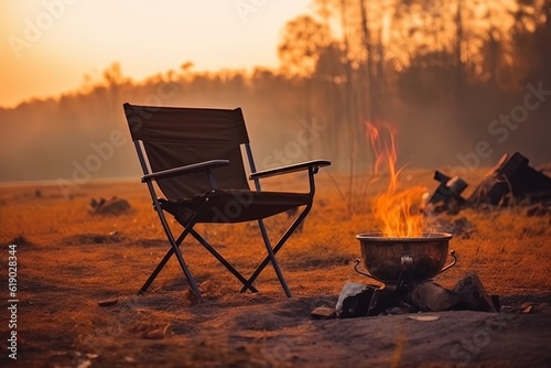 Campfire and camping chair in a warm autumn evening