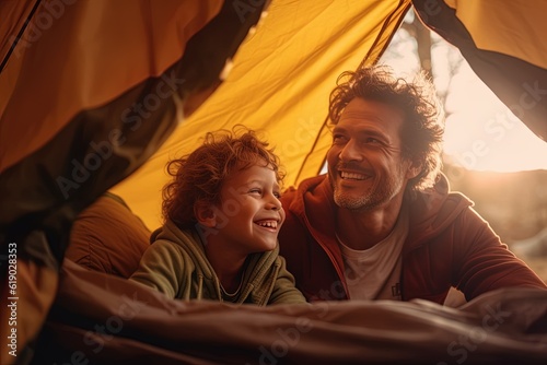Slow living father and son camping together in tent