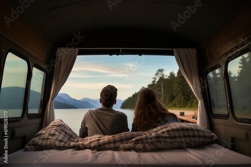 Couple sitting in the camper van and taking a view on the landscape slow living