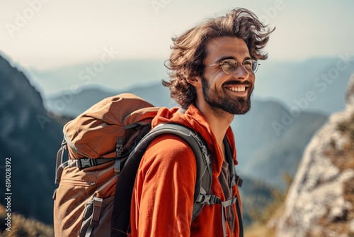 handsome young man with beard backpack trekking outdoors