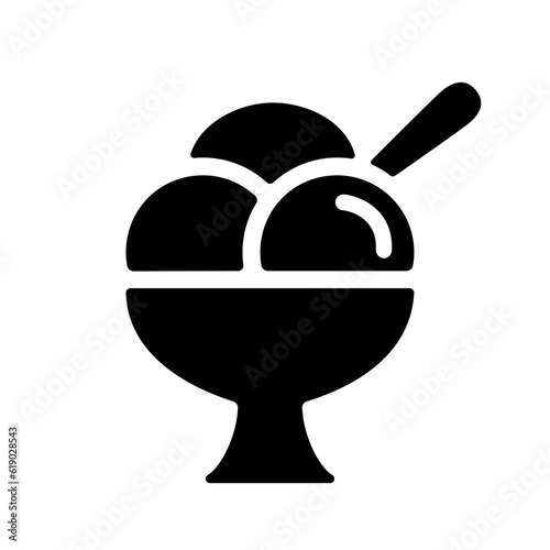 Ice cream cup icon, black silhouette on white. Three balls of frozen custard or sorbet in glass with spoon. Vector element for minimalist summer design and print, street food illustration or logo.