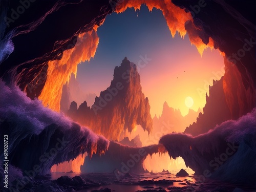 The entrance of the mysterious cave leading to another world, sunset background, landscape made with Generative AI.