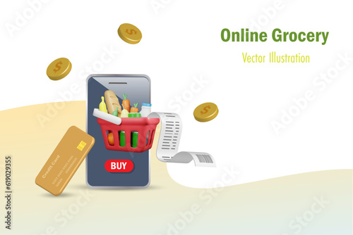Online grocery and credit card payment. Shopping basket with bill receipt on smart phone app. Online delivery, shopping service and e-commerce internet mobile application. 3D vector.