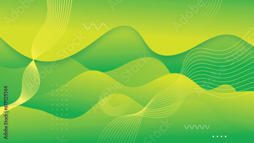 Green wave liquid overlapp layer banner template. Vector abstract background with green gradient fluid waves, organic shapes and geometric circle elements. Design for landing page and sale banner