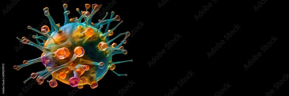 Obraz premium banner virus on a black background. Concept to help illustrate gene and drug therapy and research. High quality photo