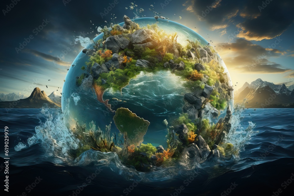 globe terrestre constitué de l'océan, vue de l'espace, IA, génératif, numérique, art, illustration