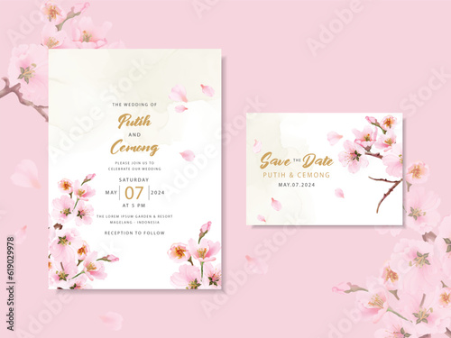 watercolor cherry blossom wedding invitation card template