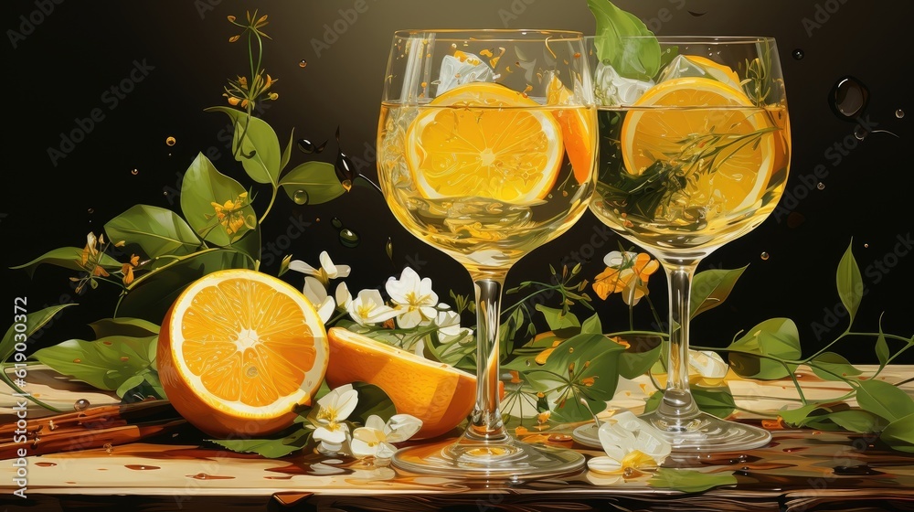 The image displays a cocktail drink with elderflower and lemon slices. (Illustration, Generative AI)