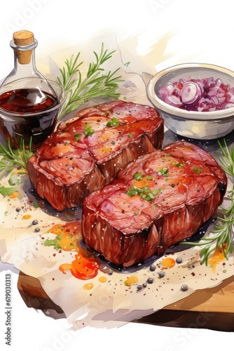 The cooking includes beef rib eye steak with herbs and spices accompanied by mignon tenderloin meat. (Illustration, Generative AI)