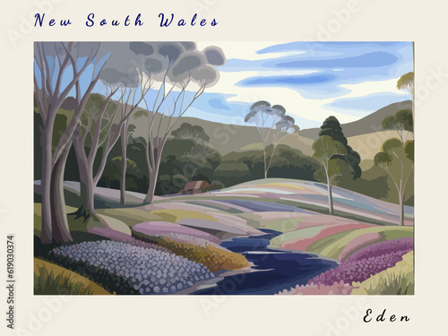Eden: Postcard design with a scene in Australia and the city name Eden