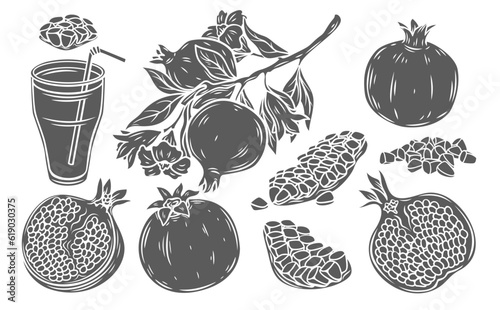 Pomegranate glyph icons set vector illustration. Stamp of whole garnet and glass with juice, pomegranate tree branch with flowers, leaves and fruit, quarter slices with seeds and half of grenadine