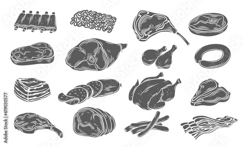Meat glyph icons set vector illustration. Stamps of butcher shop food collection with whole chicken and drumsticks, raw beef and pork steaks, smoked sausages and prosciutto slices, ground meat