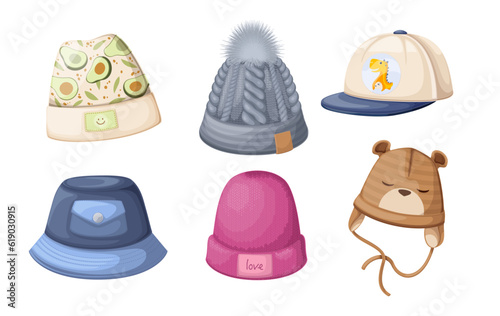 Kids hats set vector illustration. Cartoon isolated summer and winter, autumn and spring fashion headwear for children collection with cap beanie and hat with headphones, baseball cap, panama