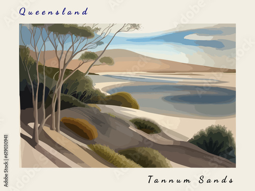 Tannum Sands: Postcard design with a scene in Australia and the city name Tannum Sands