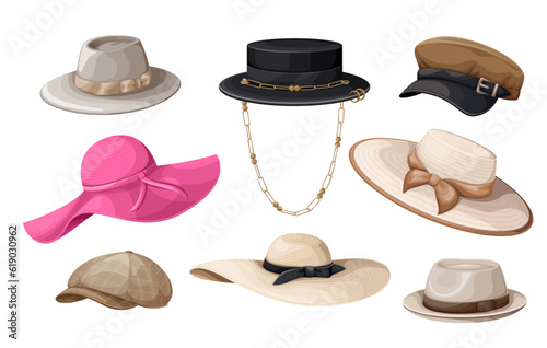 Fashion womens hats set vector illustration. Cartoon isolated female different types of fashionable headgear collection with classic elegant models of hats, stylish summer straw sunhat, newsboy cap