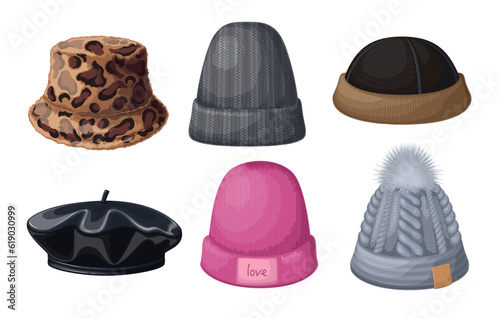 Warm hats set vector illustration. Cartoon isolated different types of caps for cold season collection, beanie to protect head of woman and man from snow in winter, bucket hat with fur, woollen beret photo