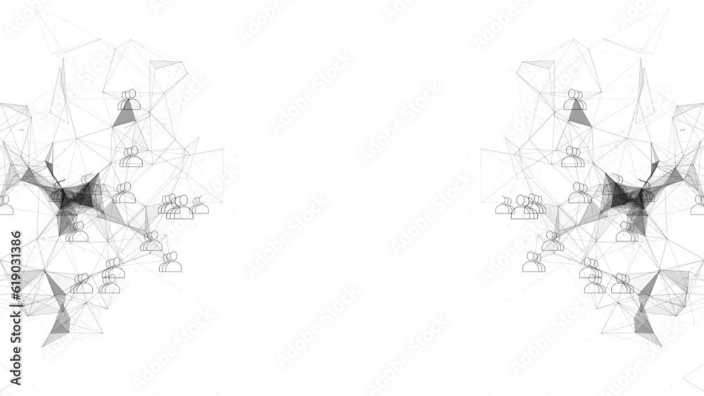 Cg. The concept of social networks and communications. Triangles and dots move forward and form an abstract polygonal mesh. Empty space in the middle. White scheme
