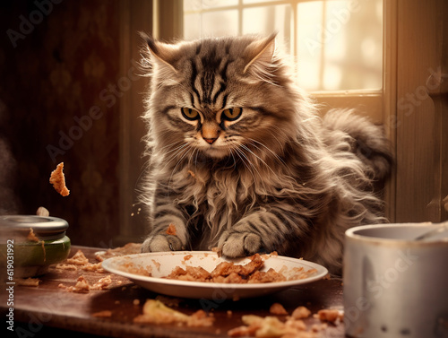 Closeup cute, fluffy cat eats from bowl, scatters everything. pet, brawler concept generative ai