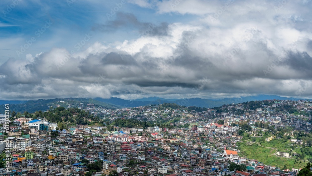 Aerial view of the cityscape of Kathmandu, Nepal on a cloudy sunny day
