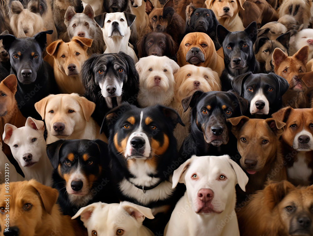 Purebred dogs looking at camera. Background with dogs posing, pet concept generative ai