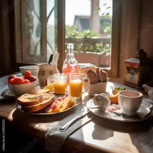 Morning routine  delicious food.   oncept of drinking coffee  tea. Table by window generative a