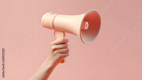Megaphone in woman hands on pink background. business and public announcement concept. generative ai
