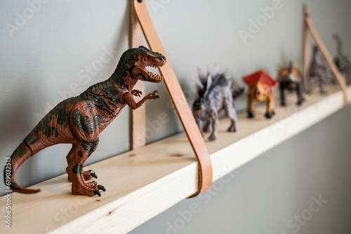Close-up of dinosaur toys arranged on a wooden shelf photo