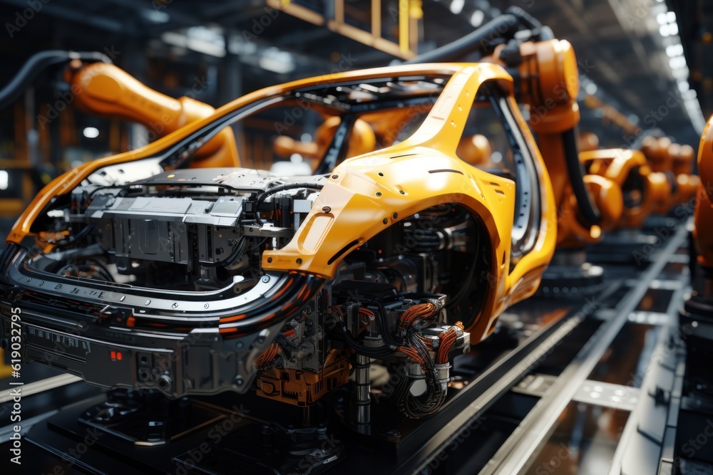 Automatic robotic arm assembly line Production of high-tech green energy electric vehicles Automated construction, building, industrial production conveyor belt welding